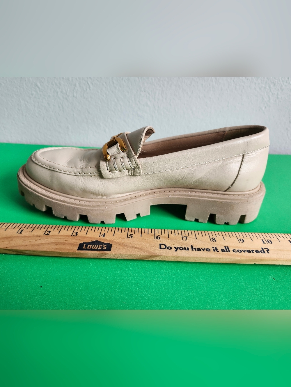 Zara Cream Leather Lug Sole Loafer with Gold Buckle Size 7.5  EU38